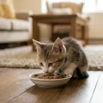 Mèo con đang thưởng thức bát thức ăn hỗn hợp giữa hạt và pate trên sàn gỗ, minh họa cho cách tập cho mèo con ăn đa dạng để tránh kén ăn.