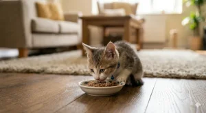 Mèo con đang thưởng thức bát thức ăn hỗn hợp giữa hạt và pate trên sàn gỗ, minh họa cho cách tập cho mèo con ăn đa dạng để tránh kén ăn.
