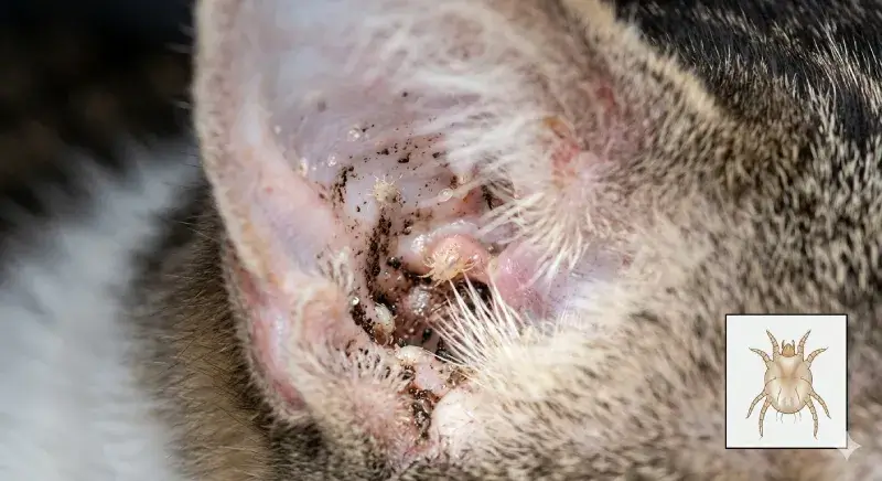 Hình ảnh cận cảnh ký sinh trùng rận tai Otodectes cynotis siêu nhỏ bên trong ống tai bị viêm của mèo.