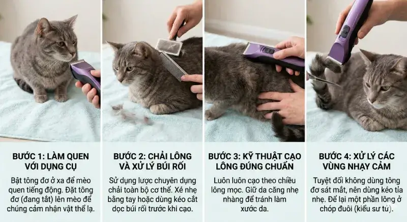 Hình ảnh minh họa 4 bước hướng dẫn cách cạo lông cho mèo an toàn và đúng kỹ thuật tại nhà.