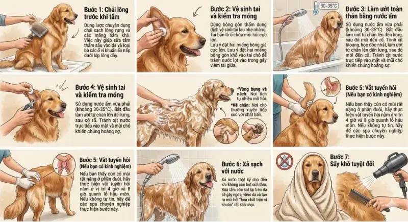 Quy trình đồ họa 7 bước hướng dẫn cách tắm cho chó hết hôi hiệu quả tại nhà, trình bày rõ ràng từ khâu chuẩn bị, dùng sữa tắm khử mùi đến khi sấy khô hoàn toàn.