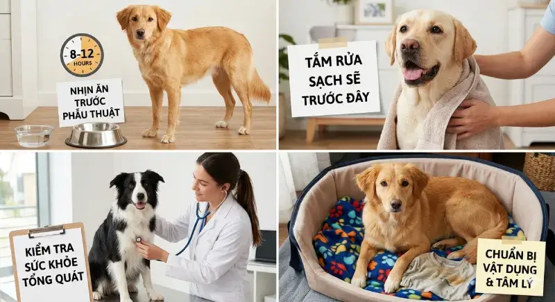 Các bước chuẩn bị quan trọng trước khi triệt sản cho chó bao gồm nhịn ăn, vệ sinh và kiểm tra sức khỏe.
