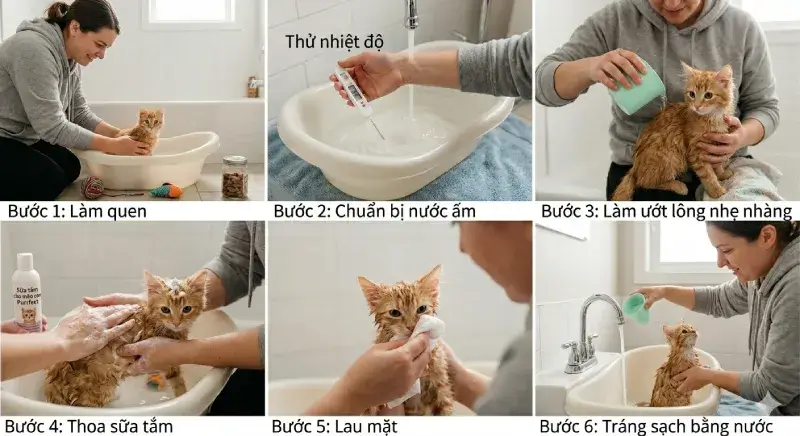 Hình ảnh minh họa quy trình 6 bước cách tắm cho mèo con an toàn và hiệu quả tại nhà.
