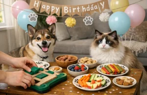 Tổ chức sinh nhật cho thú cưng tại nhà với chó mèo, không gian ấm cúng, bánh và đồ ăn an toàn giúp thú cưng có một ngày đáng nhớ.