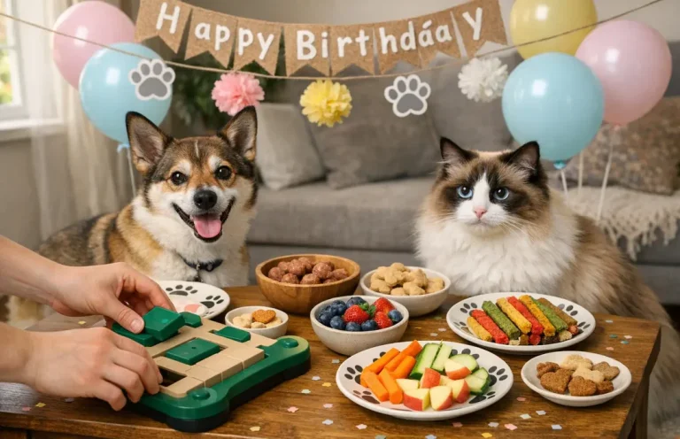Tổ chức sinh nhật cho thú cưng tại nhà với chó mèo, không gian ấm cúng, bánh và đồ ăn an toàn giúp thú cưng có một ngày đáng nhớ.